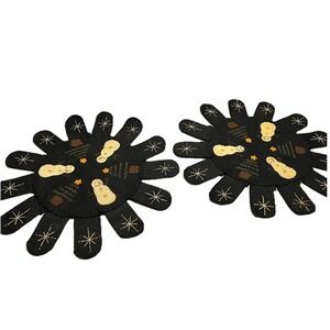Primitive Snowflakes Snowman Christmas Tree Mat Wool Felt Scalloped 15" Set Of 2